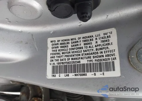 2012 Honda Civic Lx z USA, uszkodzony, nr VIN 19XFB2F59CE352346